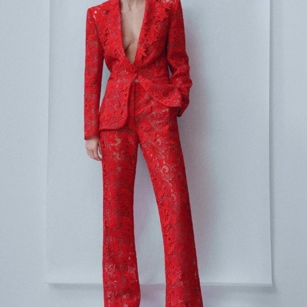 Mango Red Lace Wide Leg Pants